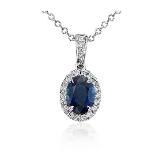 Pendente ovale con zaffiro dello Sri Lanka e diamanti. 4.70 carati. oro bianco 14K - harrychadent.it