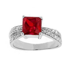 Rubino Rosso Taglio Princess Con Diamanti 4,10 Ct. Anello Oro Bianco 14K