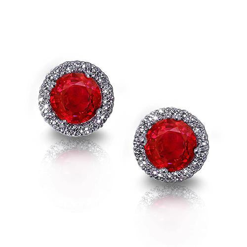 Rubino Tondo Rosso Con Halo Diamante 7 Ct. Orecchini da donna in oro bianco - harrychadent.it