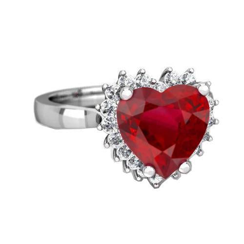 Heart Cut Red Ruby And Diamond Ring 7.50 Carats Jewelry 14K White Gold - harrychadent.it