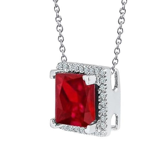 Rubino taglio principessa con diamanti rotondi 8 ct. Collana con ciondolo Oro 14K - harrychadent.it