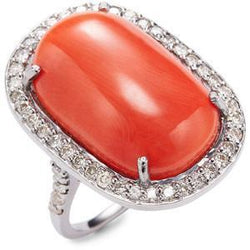 Set di 14 carati in corallo rosso ovale con anello rotondo con diamanti