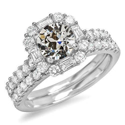 Set di anelli di fidanzamento Halo Baguette e diamanti rotondi a taglio antico 6.50 carati