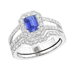 Set di anelli di fidanzamento con diamante zaffiro blu 3.50 carati con pavé di gioielli
