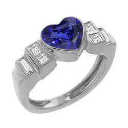 Set di castoni per anello con zaffiro blu a cuore con diamanti baguette da donna. 2.50 carati