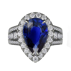 Set di fedi nuziali Halo con zaffiro blu 6 carati da donna e diamanti