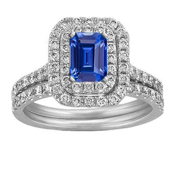 Set di fedi nuziali con doppio anello di diamanti e zaffiro blu smeraldo 5 carati