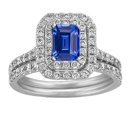 Set di fedi nuziali con doppio anello di diamanti e zaffiro blu smeraldo 5 carati - harrychadent.it