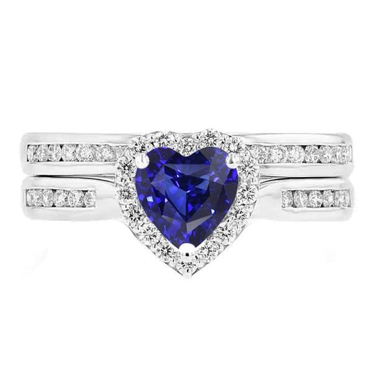 Set di fedi nuziali da donna Halo con zaffiro dello Sri Lanka tagliato a cuore 3.50 carati - harrychadent.it