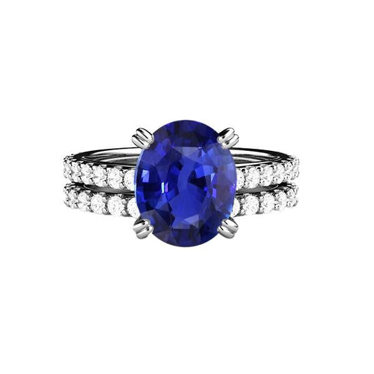Set di fedi nuziali da donna in oro con diamanti e zaffiro blu ovale. 4.50 carati - harrychadent.it