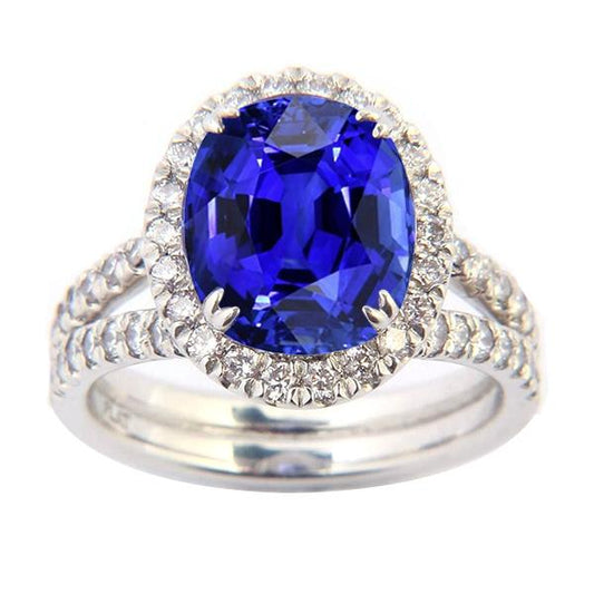 Set di fedi nuziali ovali con zaffiro aureola. pavé con gambo diviso. oro 5 carati - harrychadent.it