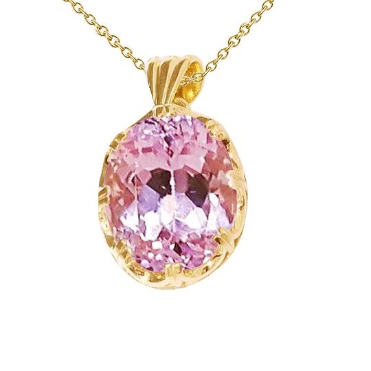 Solitario 32 carati Collana con ciondolo Kunzite rosa grande in oro giallo - harrychadent.it