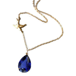 Solitario Pera Blu Zaffiro Ciondolo Uccello Stile 14K Oro 1 Carato