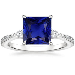 Solitario Princess Blue Sapphire Pear & Round Diamond Accenti 6 Carati