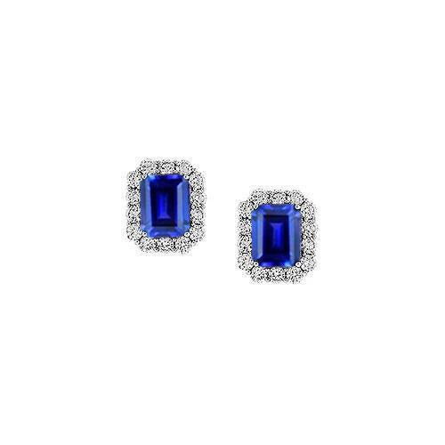 Sri Lanka Zaffiro Taglio Smeraldo Halo Round Diamond Stud Orecchino WG 14K - harrychadent.it