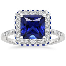 Zaffiro blu e diamante Anello Halo 5.5 carati Princess con accento