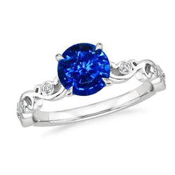 Zaffiro blu rotondo da 1,60 carati e diamante con anello in oro bianco 14 carati