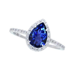 anello con zaffiro blu dello Sri Lanka taglio a pera da 2,30 carati e diamante rotondo