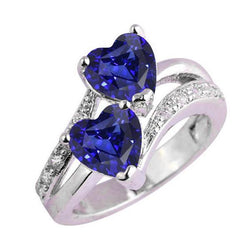anello cuore con 3,50 carati Zaffiro blu diamante 2 pietre con gambo diviso