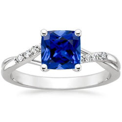 anello solitario con zaffiro blu 2,50 carati e accenti di diamante cuscino in oro bianco 14 carati