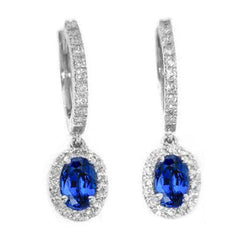 orecchino a goccia di diamanti con zaffiro blu da 2,50 carati con taglio ovale e oro bianco 14 carati