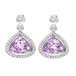 orecchino da donna con kunzite rosa 9.60 carati e diamanti a goccia in oro bianco 14 carati